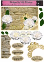 3d white camelias on a stone wall with gold